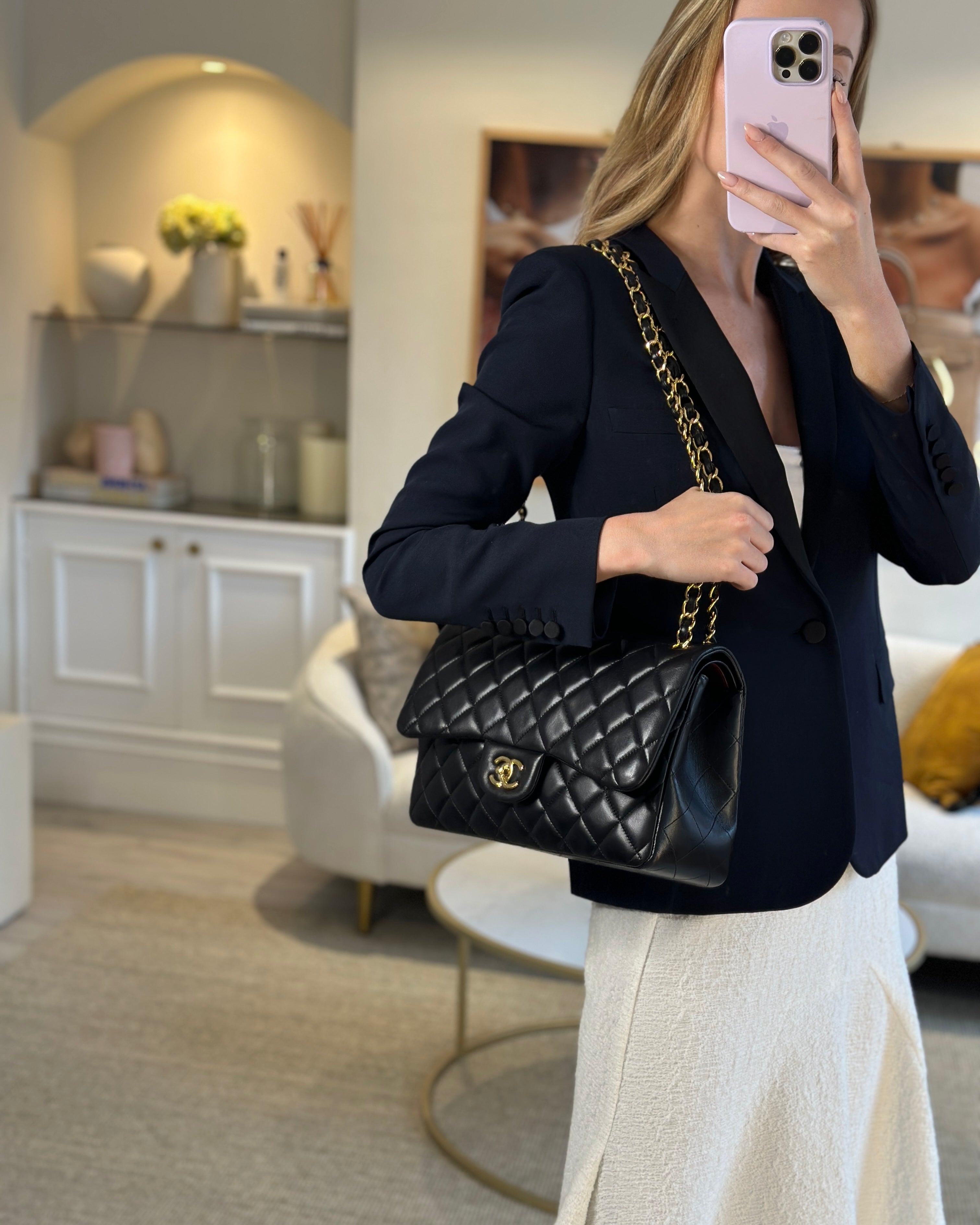 Chanel Black Jumbo Classic Double Flap Bag in Lambskin Leather with Gold Hardware