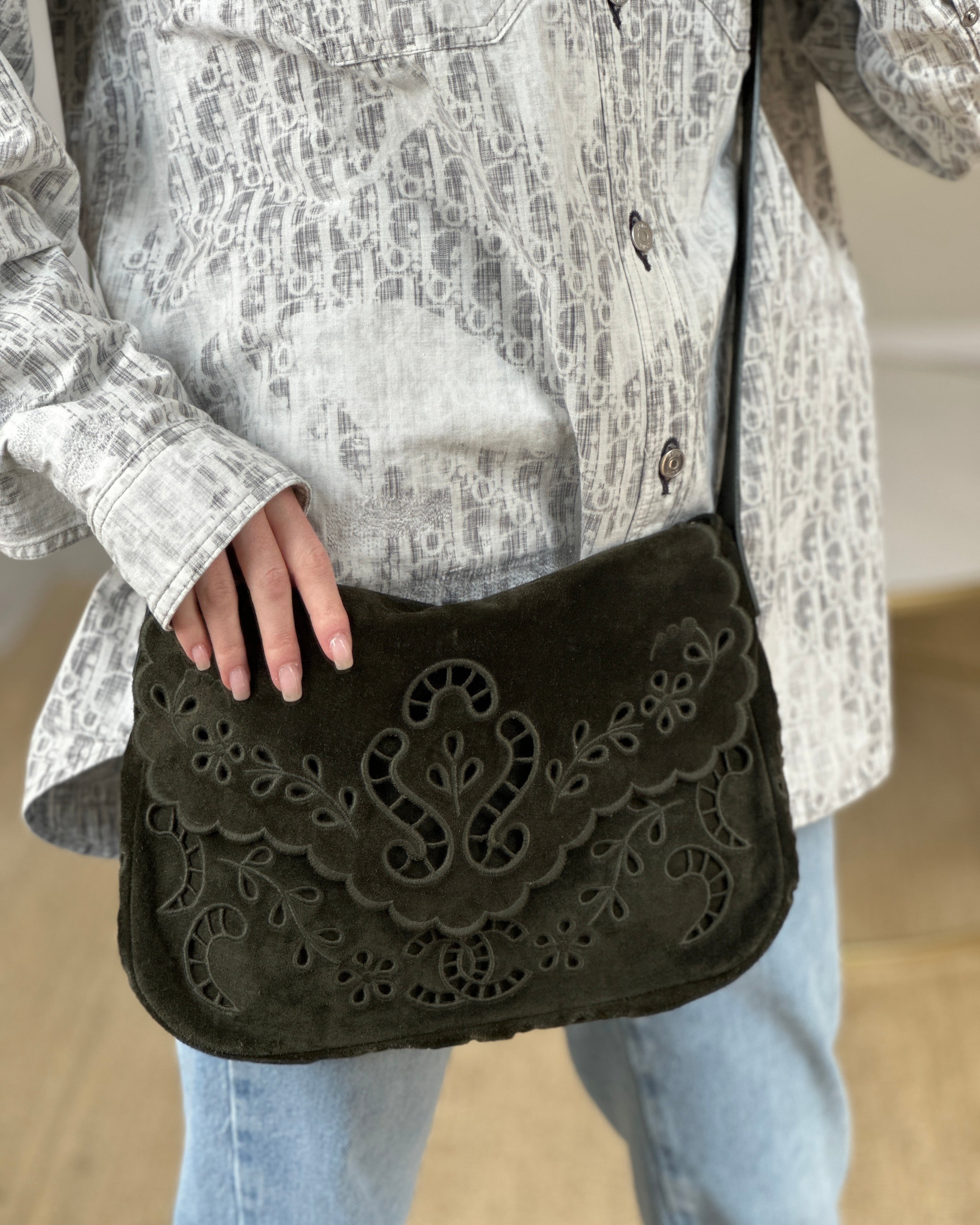 Chanel Khaki Suede Paisley Embroidered CC Messenger Bag with Ruthenium Hardware