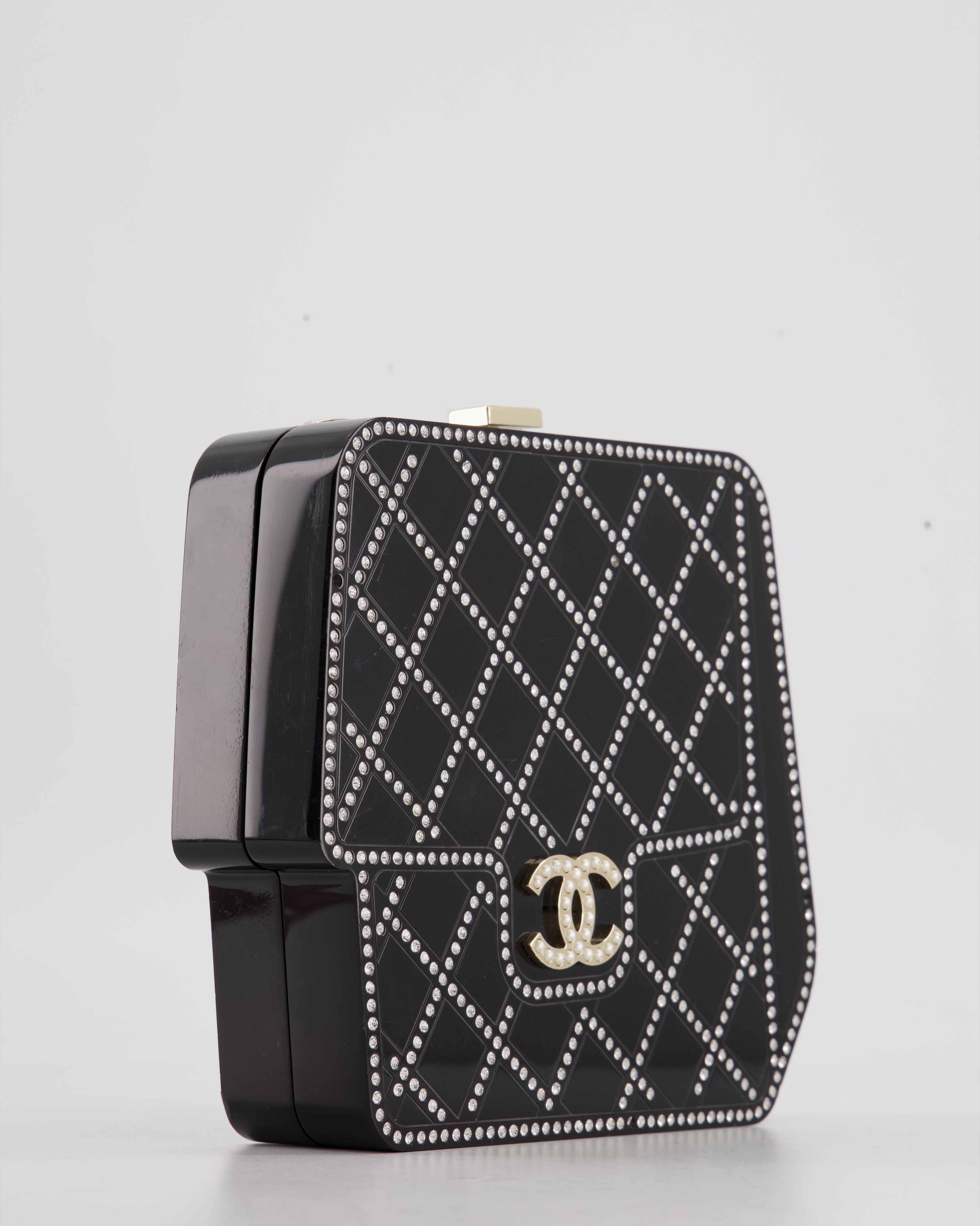 *COLLECTORS ITEM* Chanel Black Acrylic Crossbody Box Bag with Crystal with Pearl Embellishment and Champagne Gold Hardware