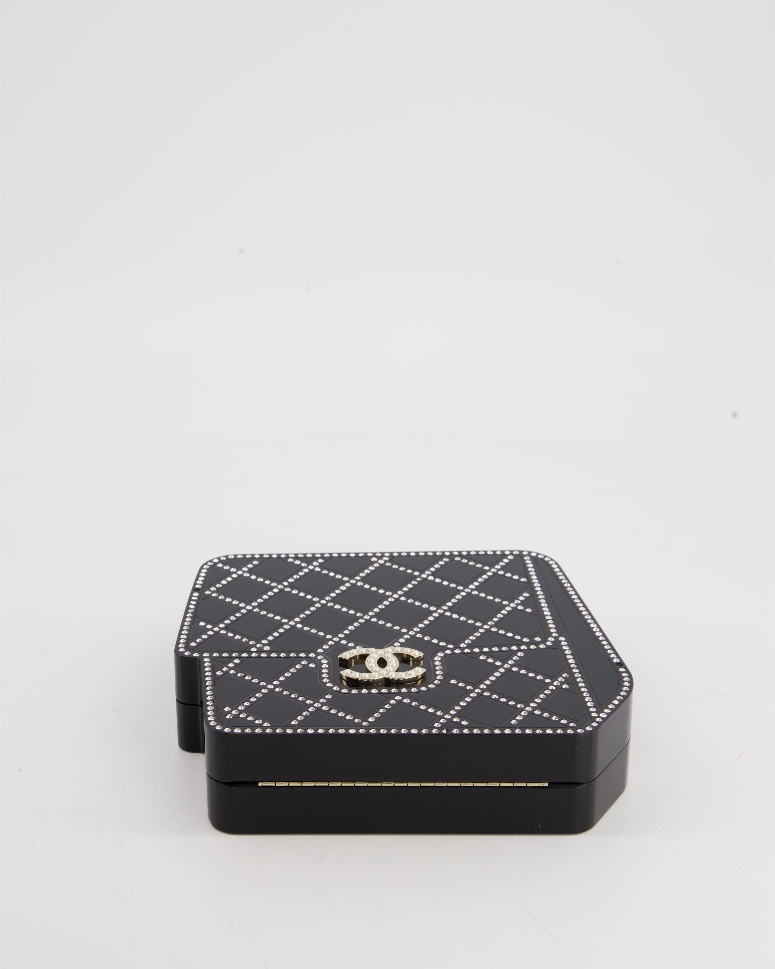 *COLLECTORS ITEM* Chanel Black Acrylic Crossbody Box Bag with Crystal with Pearl Embellishment and Champagne Gold Hardware