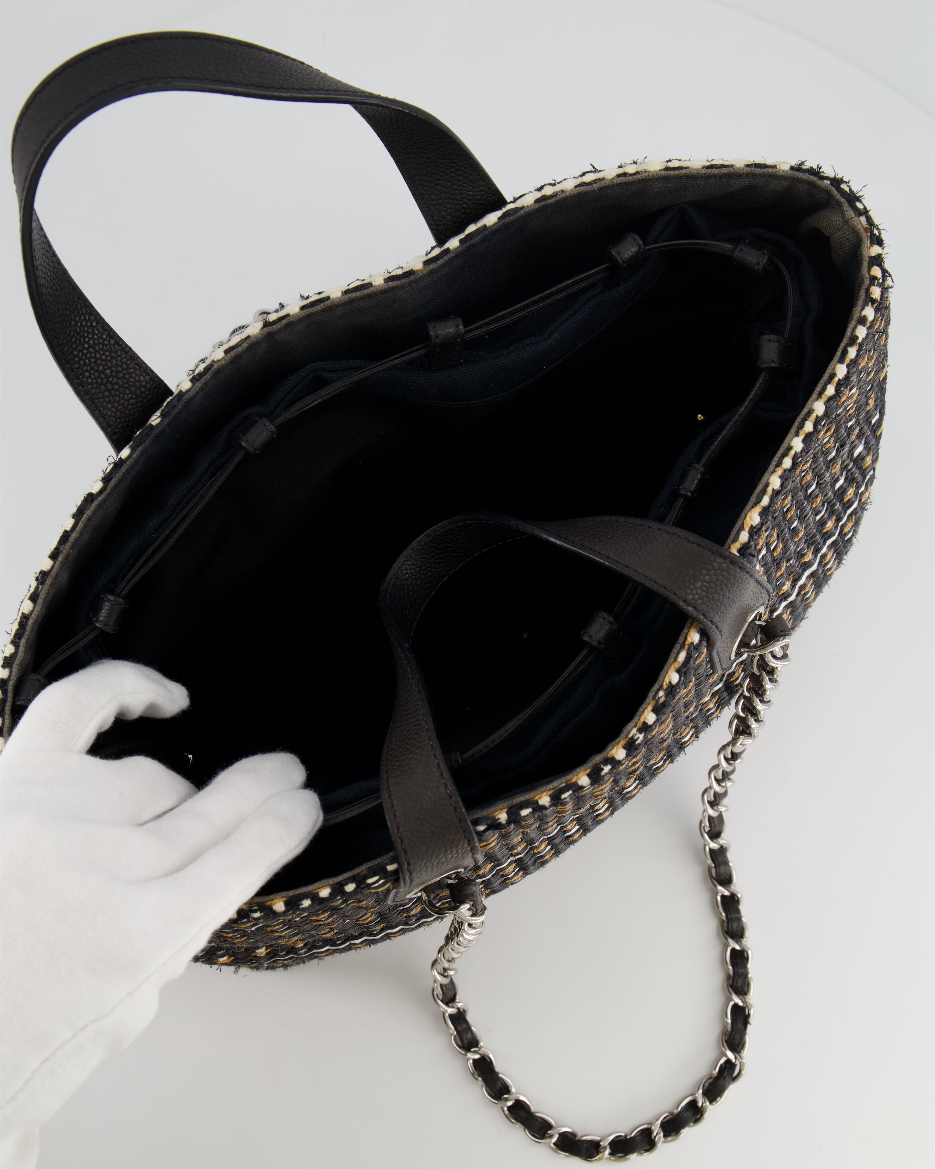 Chanel Black Raffia Chain CC Tote Bag with Silver Hardware