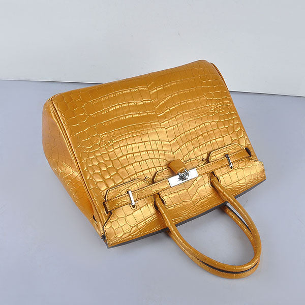 Hermes Birkin 35cm 6089 New Golden Crocodile Vein Handbags Silver