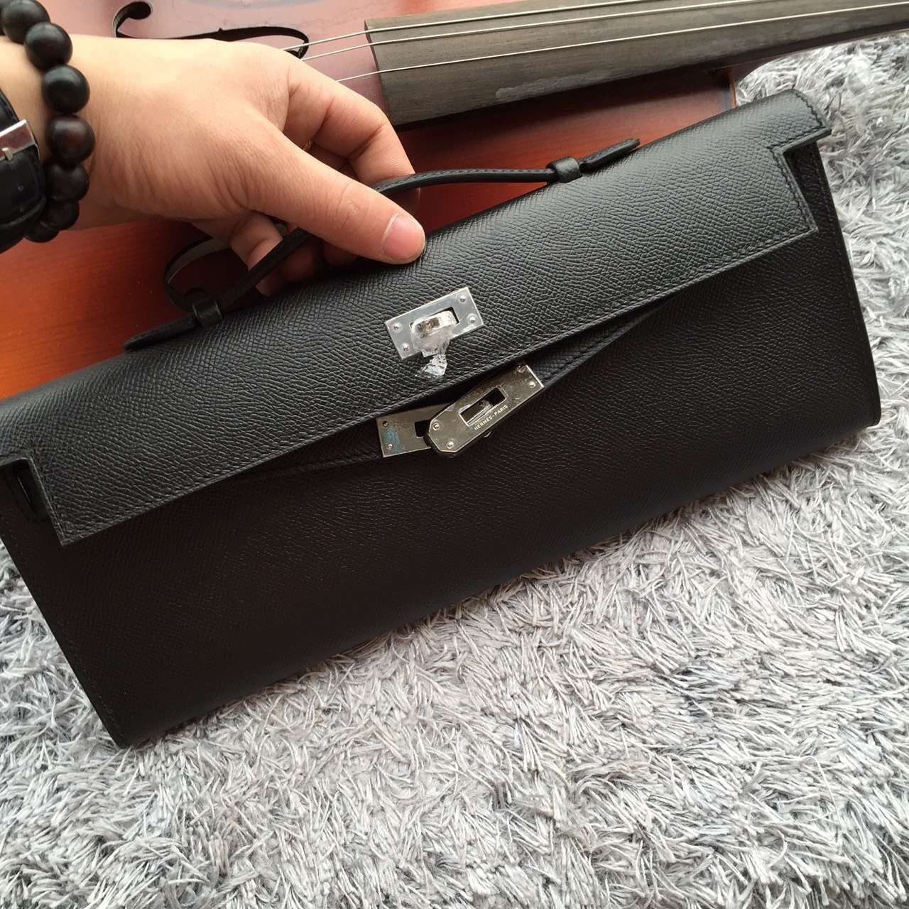 Hermes Black Handcrafted Kelly Cut Clutch