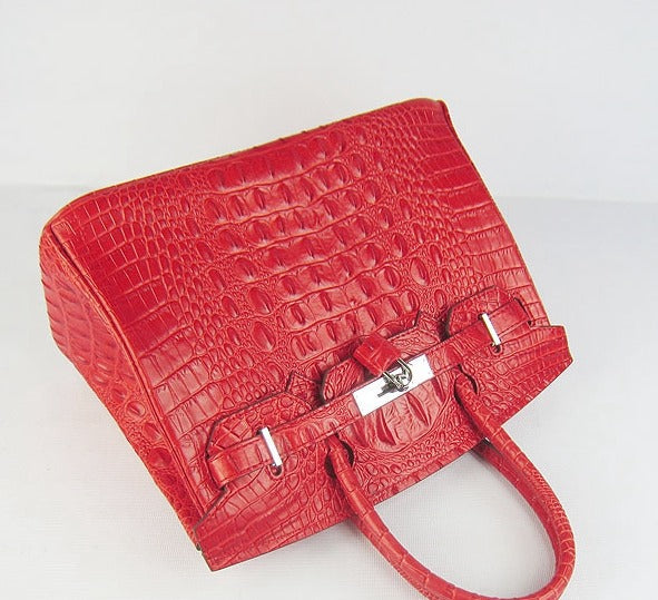 Hermes Birkin 30cm Crocodile Head Vein Handbags Red Silver