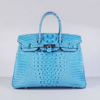 Hermes Birkin 35cm Crocodile Head Veins Handbags Light Blue Silver