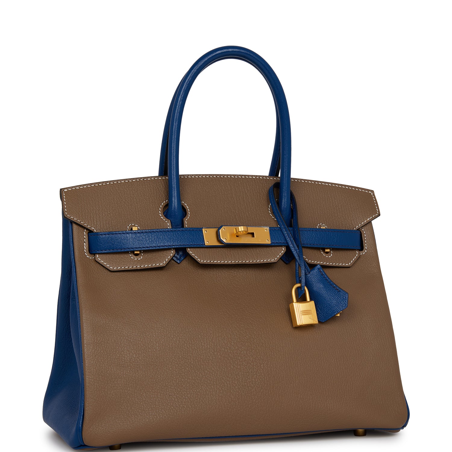 Top Quality Hermes Special Order (HSS) Birkin 30 Etoupe and Bleu Saphire Chevre Brushed Gold Hardware