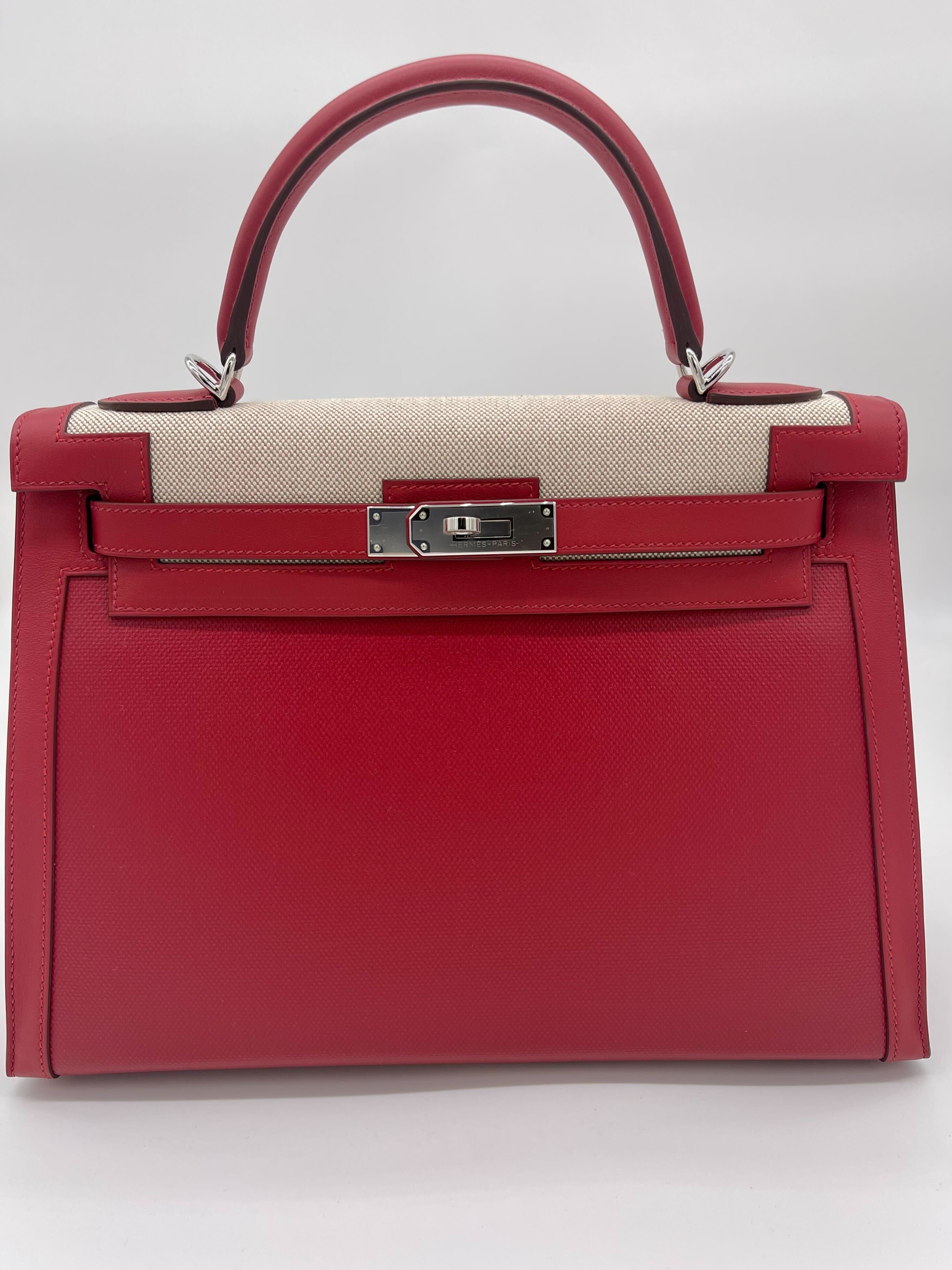 Hermes Kelly 32 Sellier Rouge Piment Swift and Toile Berline Palladium Hardware