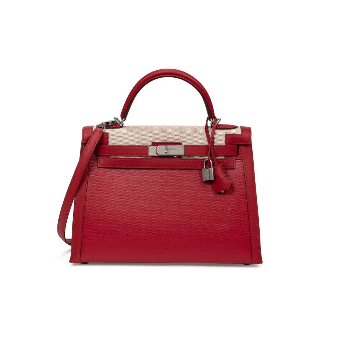 Hermes Kelly 32 Sellier Rouge Piment Swift and Toile Berline Palladium Hardware