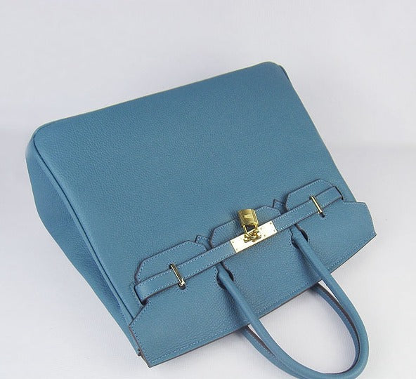 Hermes Birkin 35cm Cattle Skin Vein Handbags Blue Golden