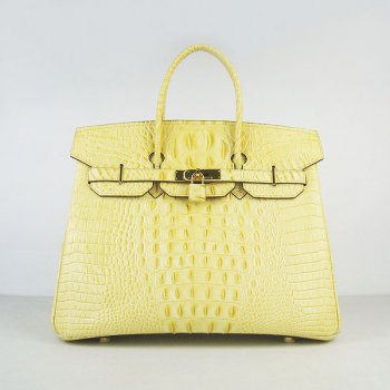 Hermes Birkin 35cm Crocodile Head Veins Handbags Yellow Golden