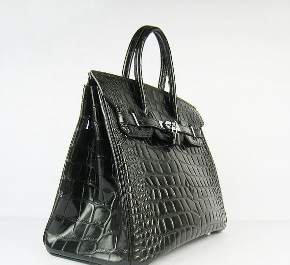 Hermes Birkin 35cm Crocodile Big Veins Handbags Black Silver