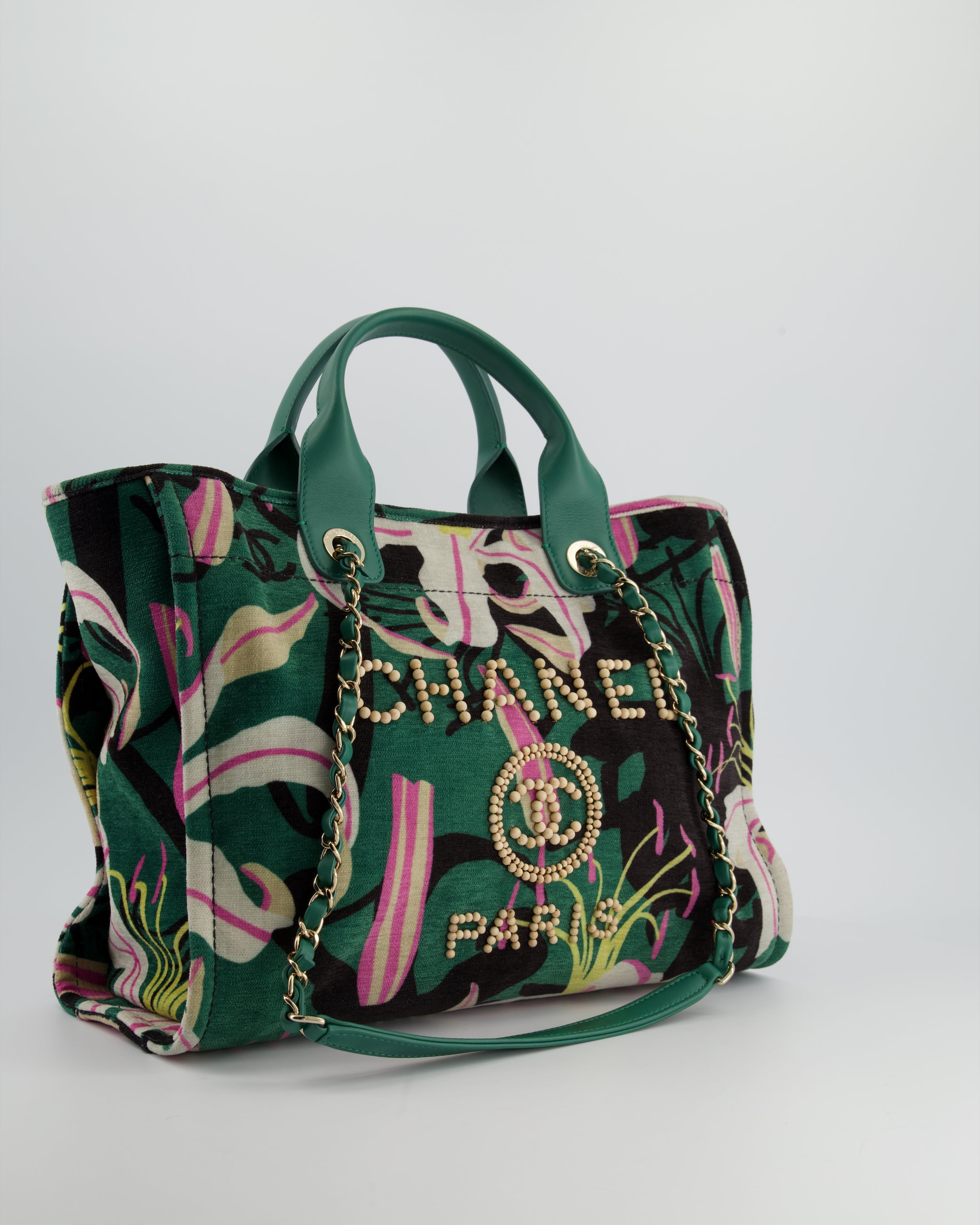 Chanel Métiers D'Art Spring / Summer 2023 Printed Velvet Small Deauville Tote Bag with Wooden Pearls and Champagne Gold Hardware