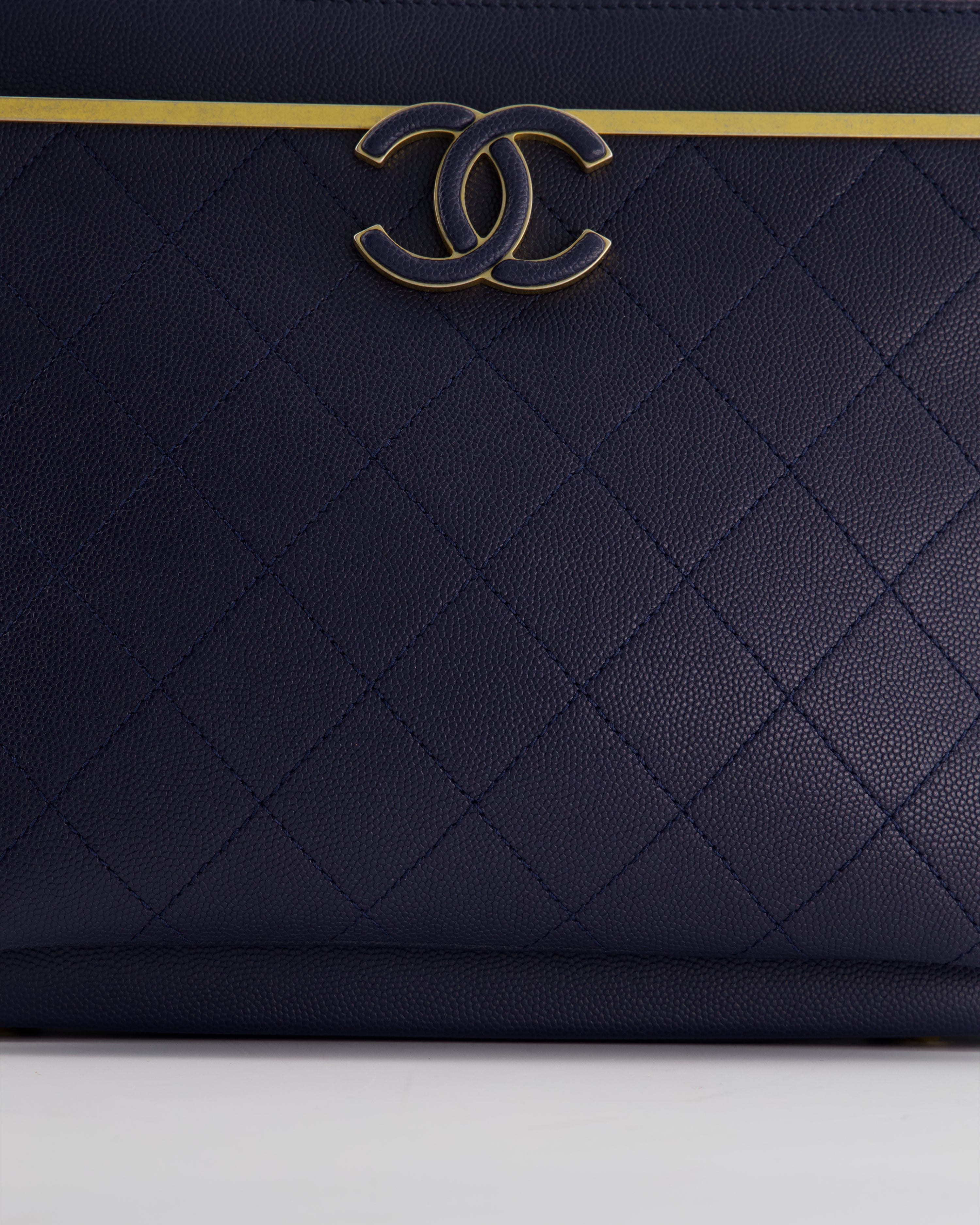 Chanel Navy Framed Business Affinity Bag in Caviar Leather with Brushed Gold Hardware