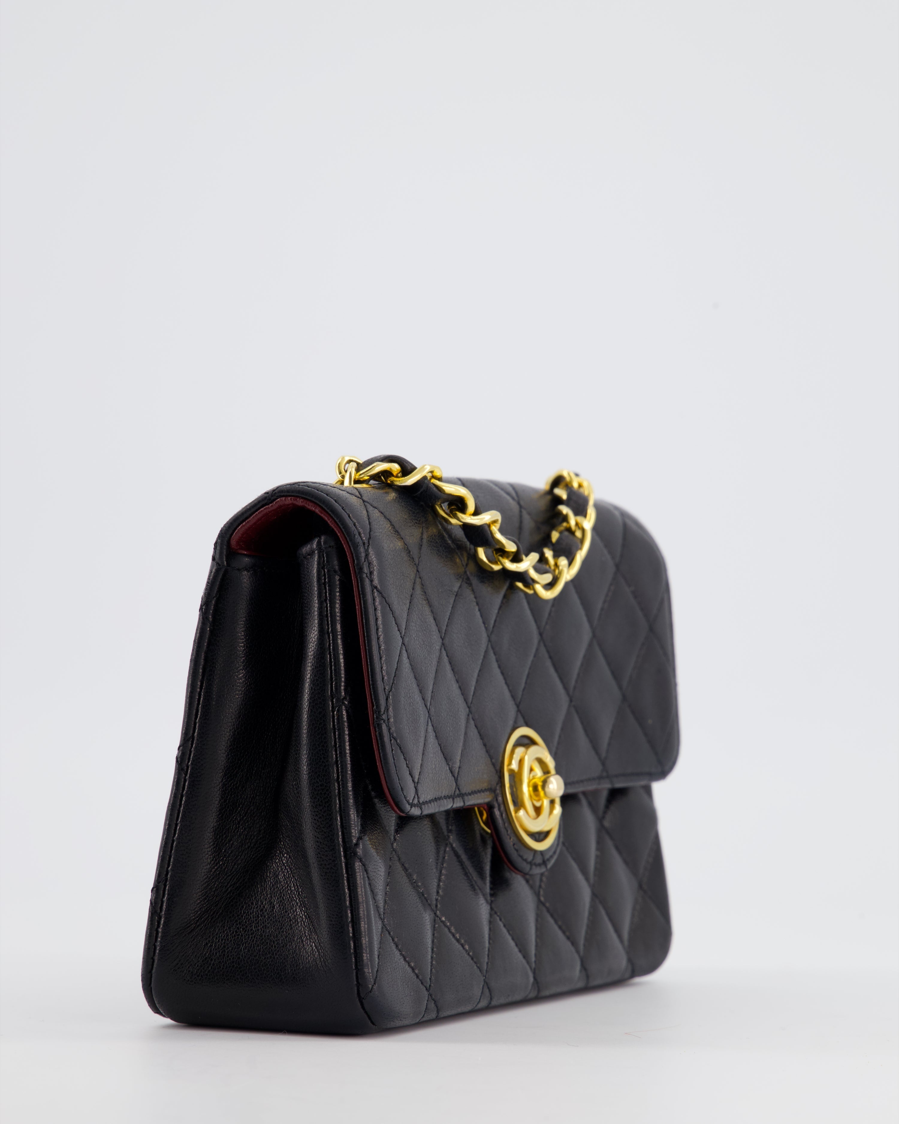 Chanel Vintage Black Mini Rectagular Single Flap Bag in Lambskin Leather and 24K Gold Hardware